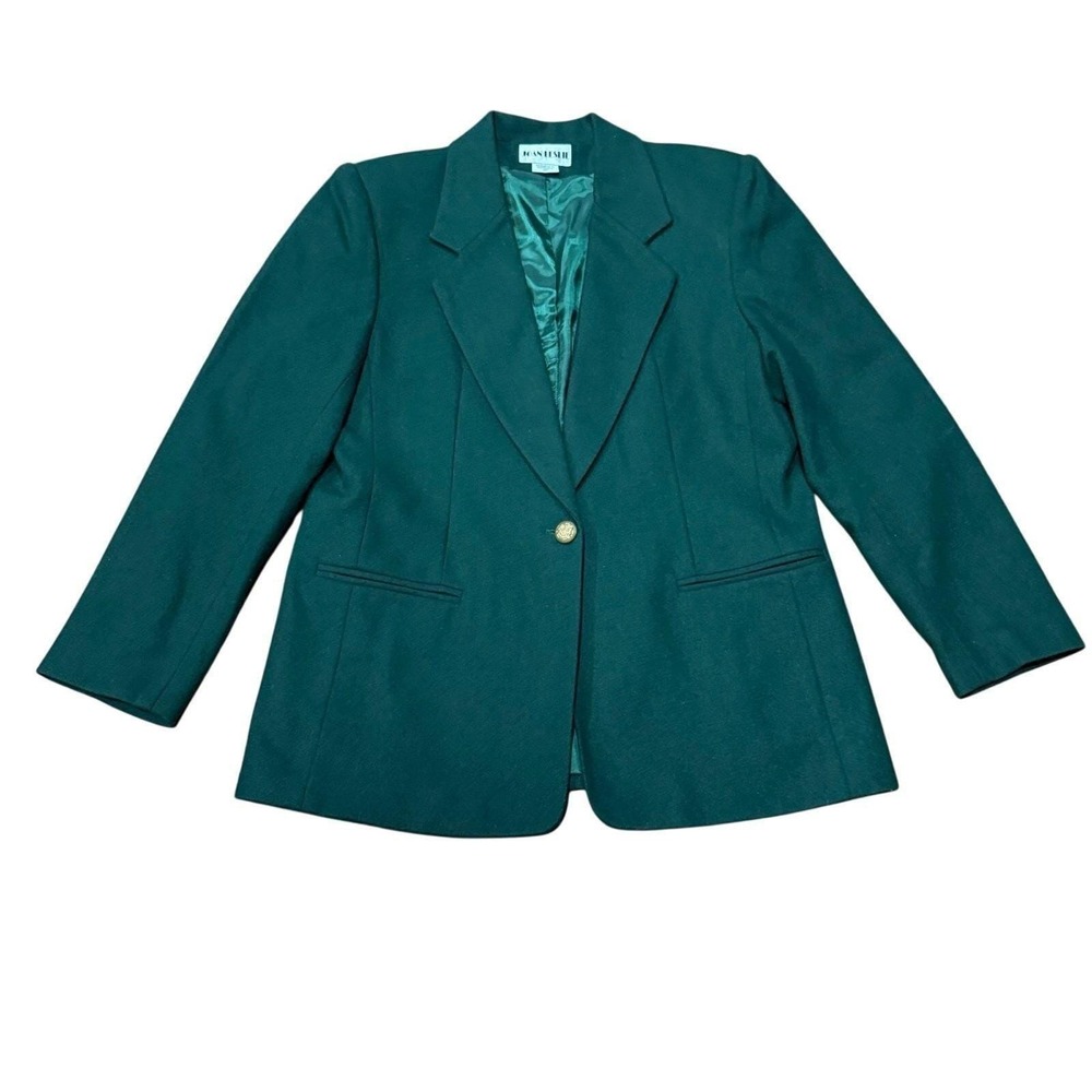 VTG Joan Leslie Wool Size 10 Blazer Women Green Blend Gold Crest Button Tailored